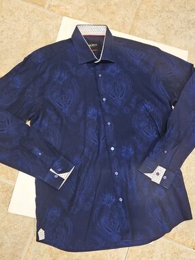 MACEOO  Men's Navy Blue Paisley Dress Shirt Premium Italian Wear